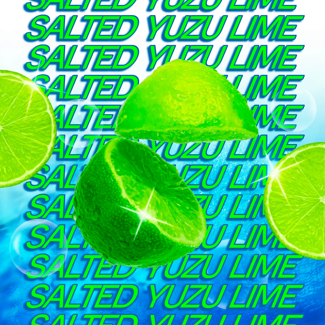 Three bright green lime halves and slices on a blue background with repeated neon green text reading 'SALTED YUZU LIME'.