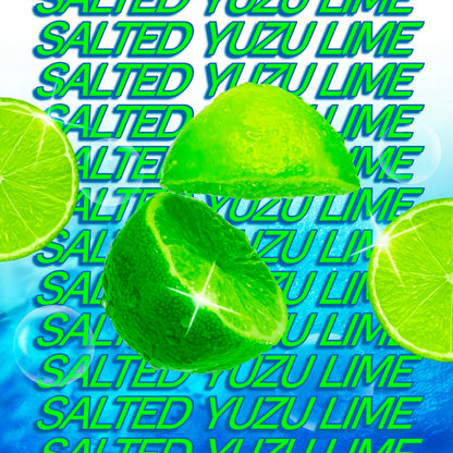 Three bright green lime halves and slices on a blue background with repeated neon green text reading 'SALTED YUZU LIME'.