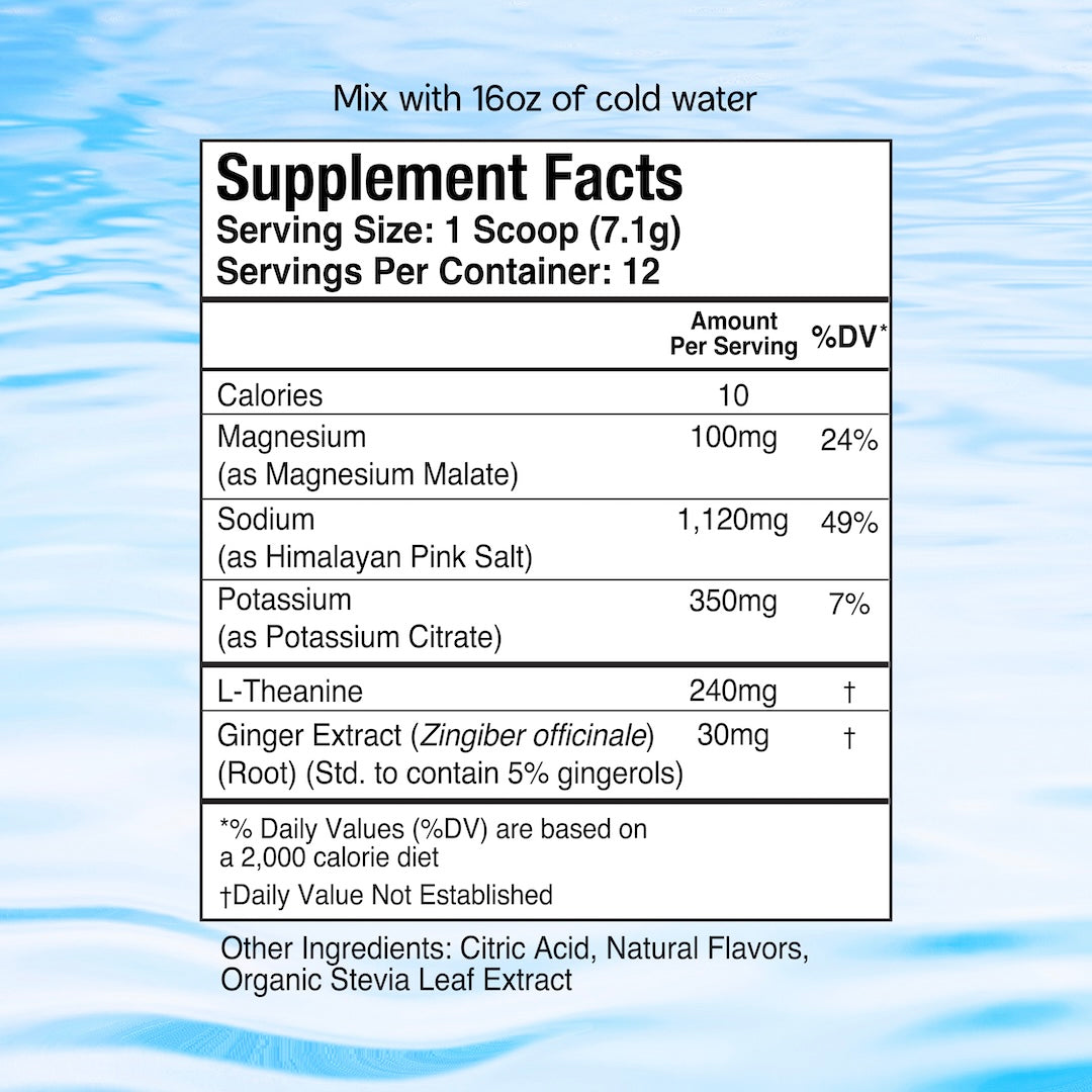 Supplement Facts
Serving Size: 1 Scoop (7.1g)
Servings Per Container: 12
10 Calories per serving
100mg Magnesium (as Magnesium Malate) per serving (24% DV)
1,120mg Sodium (as Himalayan Pink Salt) per serving (49% DV)
350mg Potassium (as Potassium Citrate) per serving (7% DV)
240mg L-Theanine per serving (DV not est.)
30mg Ginger Extract (Std. to contain 5% gingerols) (DV not est.)
Daily Values are based on a 2,000 calorie diet
Other ingredients: Citric Acid, Natural Flavors, Organic Stevia Leaf Extract