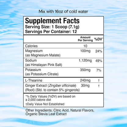 Supplement Facts
Serving Size: 1 Scoop (7.1g)
Servings Per Container: 12
10 Calories per serving
100mg Magnesium (as Magnesium Malate) per serving (24% DV)
1,120mg Sodium (as Himalayan Pink Salt) per serving (49% DV)
350mg Potassium (as Potassium Citrate) per serving (7% DV)
240mg L-Theanine per serving (DV not est.)
30mg Ginger Extract (Std. to contain 5% gingerols) (DV not est.)
Daily Values are based on a 2,000 calorie diet
Other ingredients: Citric Acid, Natural Flavors, Organic Stevia Leaf Extract